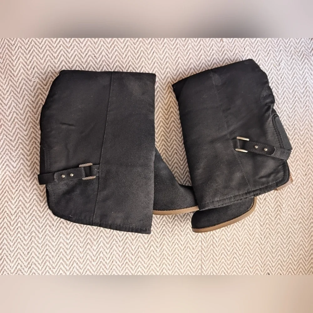 Sugar Suede Black Over the Knee Boots with Tan Heel Baddie Size 9